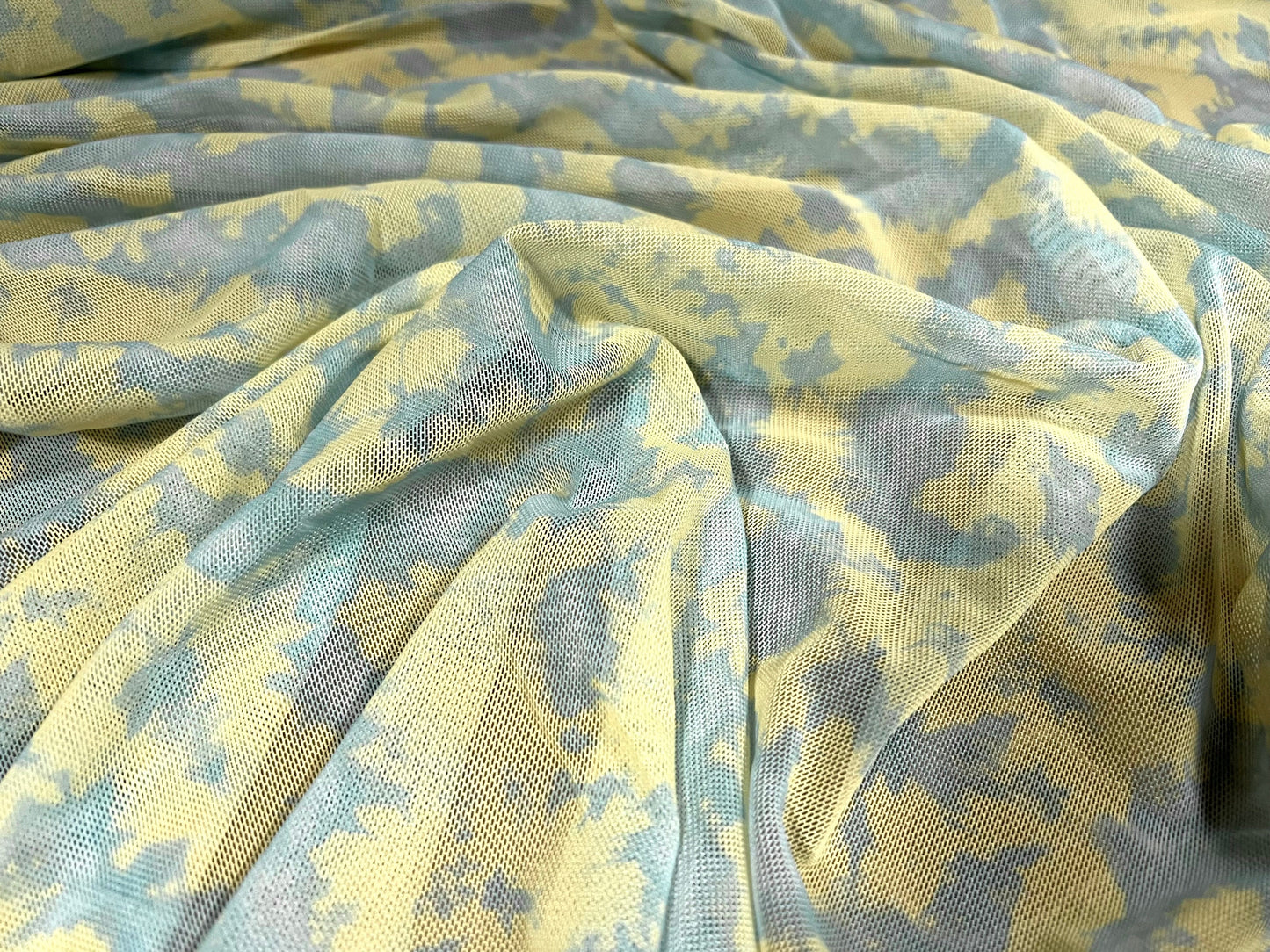 Power mesh net sheer stretch fabric, per metre - abstract print - turquoise & lemon