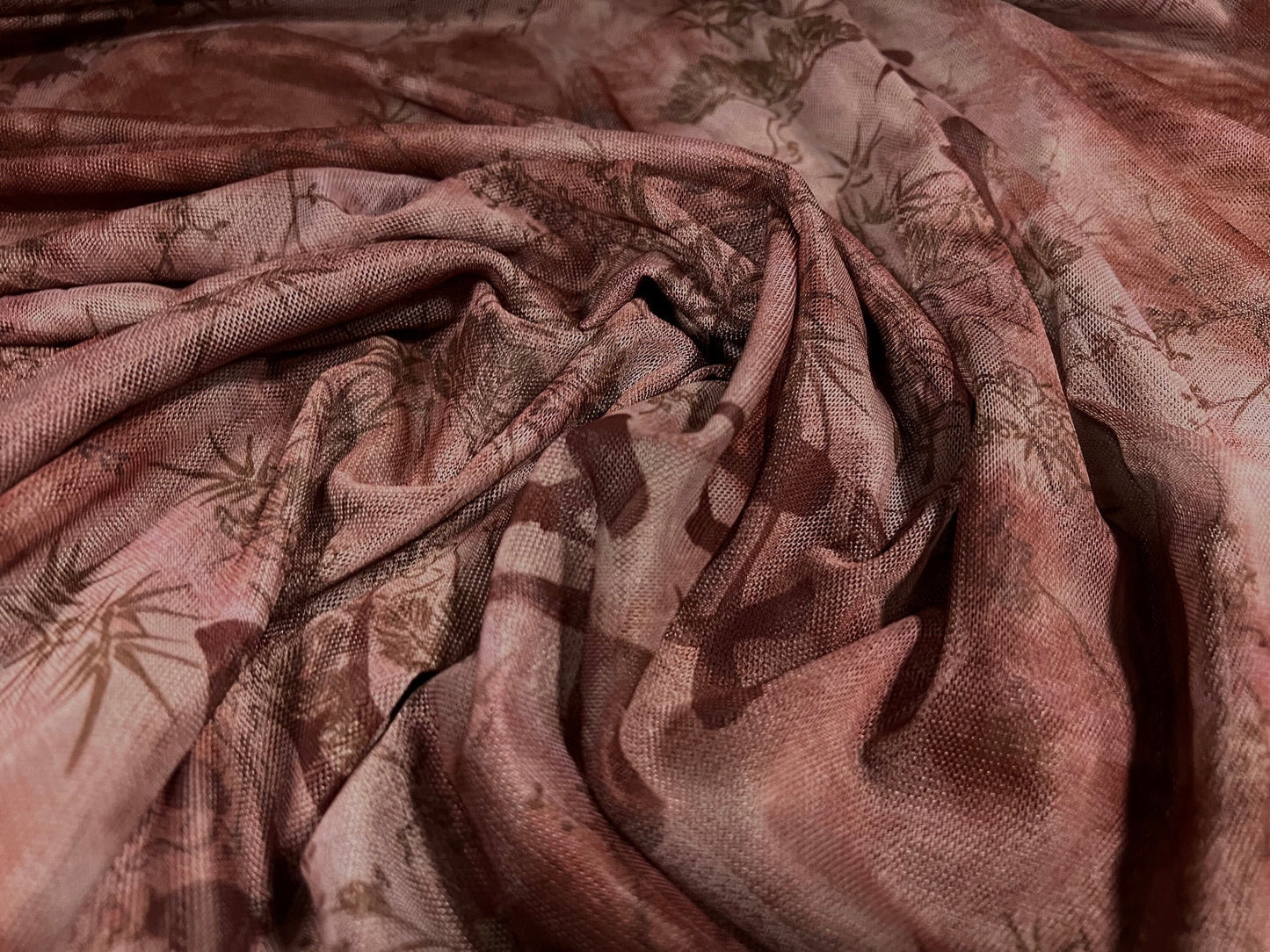 Power mesh net sheer stretch fabric, per metre - japanese bonsai tree and symbols print - dusky pink & maroon