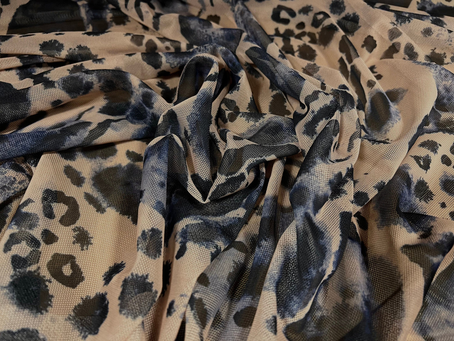 Power mesh net sheer stretch fabric, per metre - stylised cheetah print - nude & blue