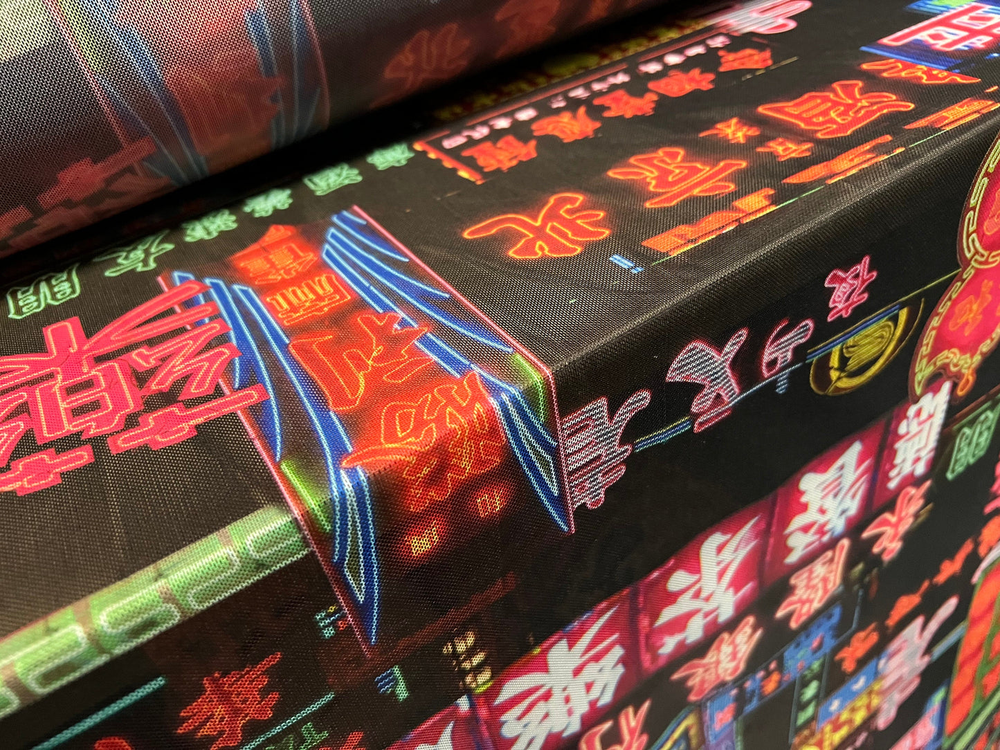 Power mesh net sheer stretch spandex fabric, per metre - Chinatown neon city lights print