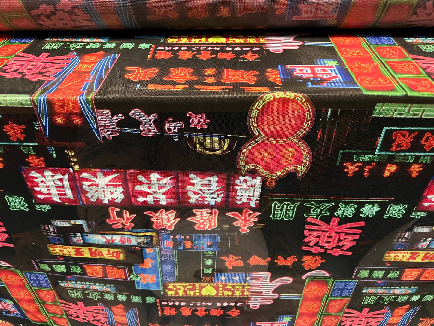 Power mesh net sheer stretch spandex fabric, per metre - Chinatown neon city lights print