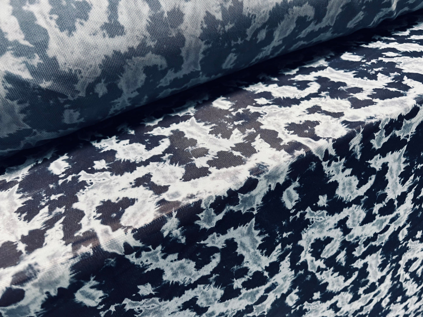 Power mesh net sheer stretch fabric, per metre - abstract tie dye print - navy & blue