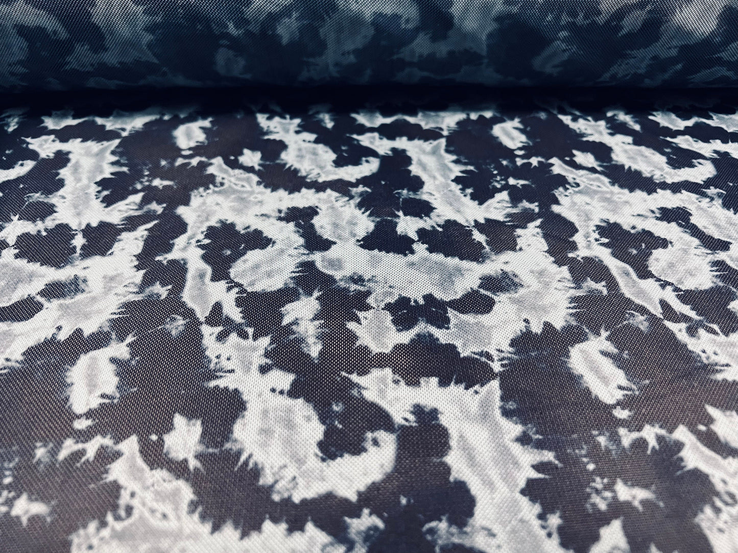 Power mesh net sheer stretch fabric, per metre - abstract tie dye print - navy & blue