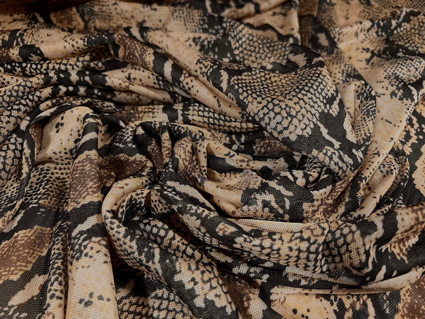 Power mesh net sheer stretch fabric, per metre - snakeskin print - black & bronze