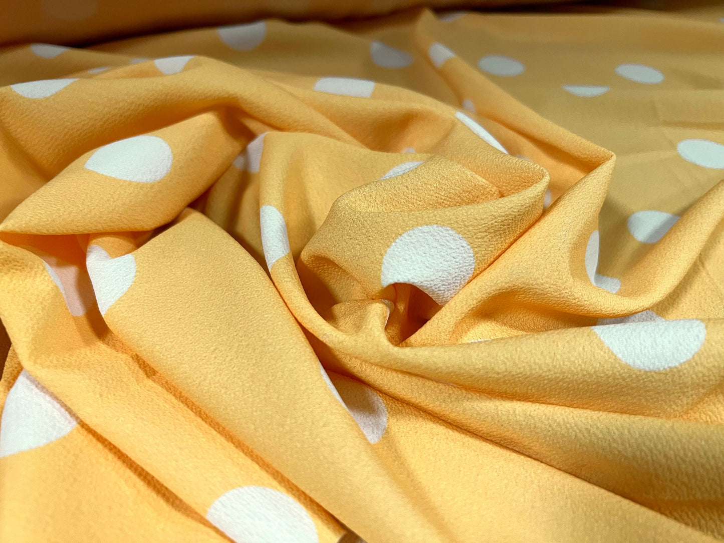 Pebble crepe woven dress fabric, per metre - polka dot spot print - yellow & white