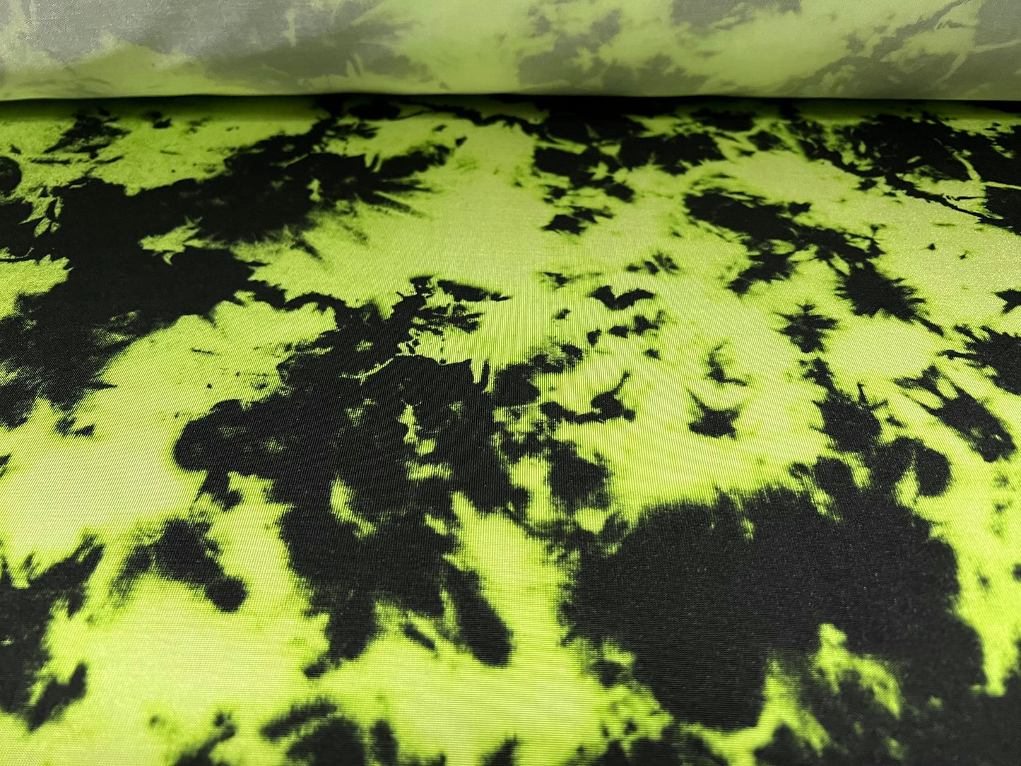 Soft touch stretch spandex jersey fabric, per metre - Tie dye print - acid yellow & black