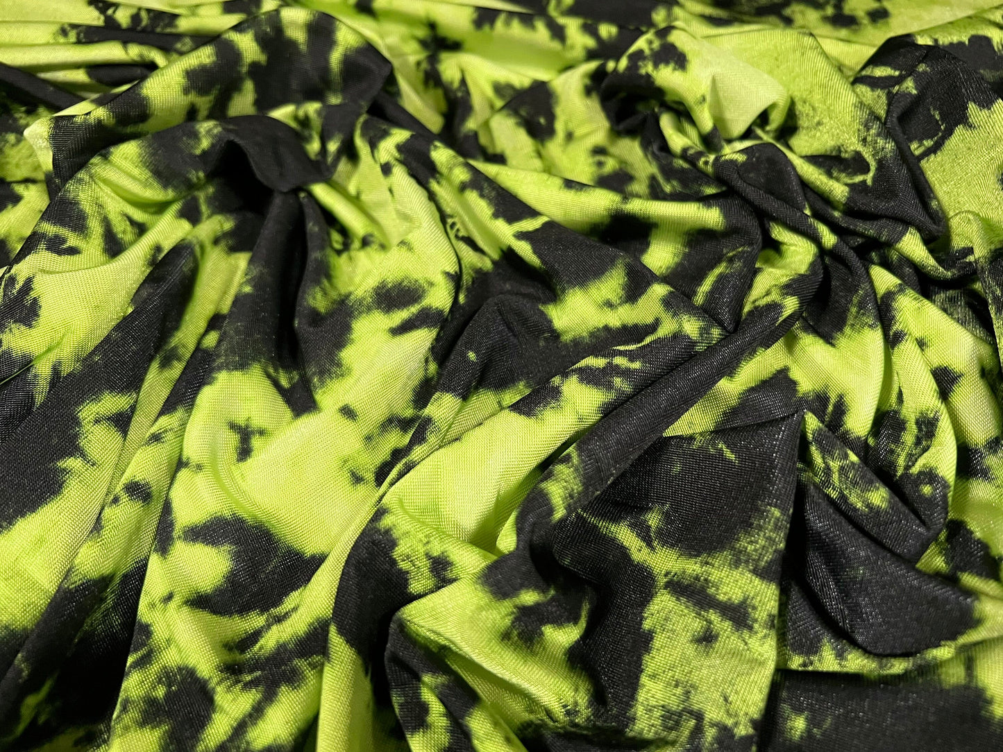 Soft touch stretch spandex jersey fabric, per metre - Tie dye print - acid yellow & black