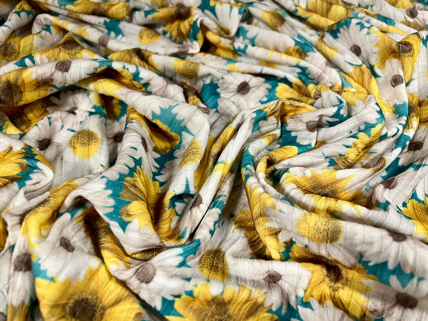 Stretch spandex rib jersey fabric, per metre - Gerbera daisy flower print - turquoise yellow & white