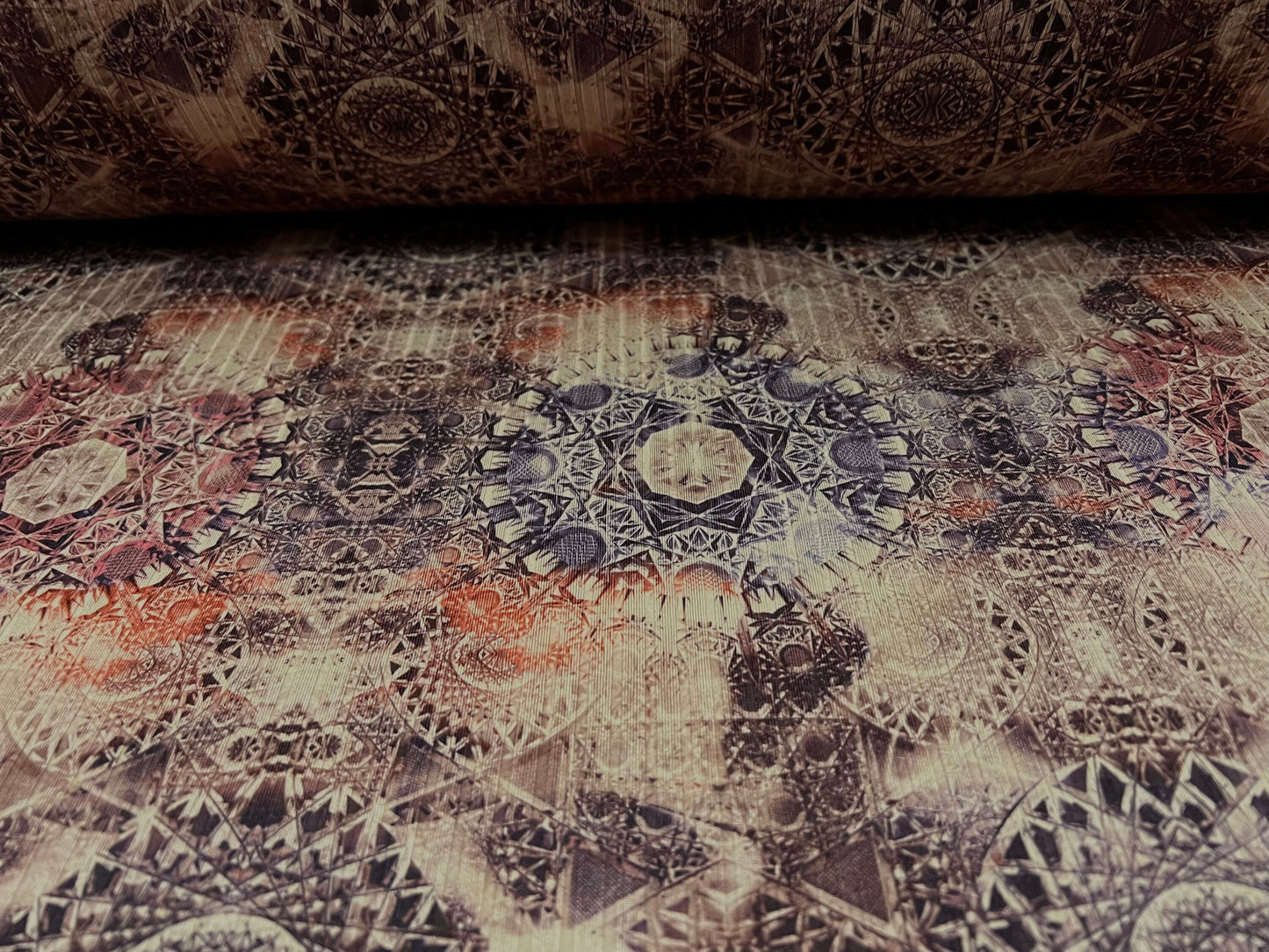 Stretch spandex rib jersey fabric, per metre - kaleidoscope print - dusky pink & plum