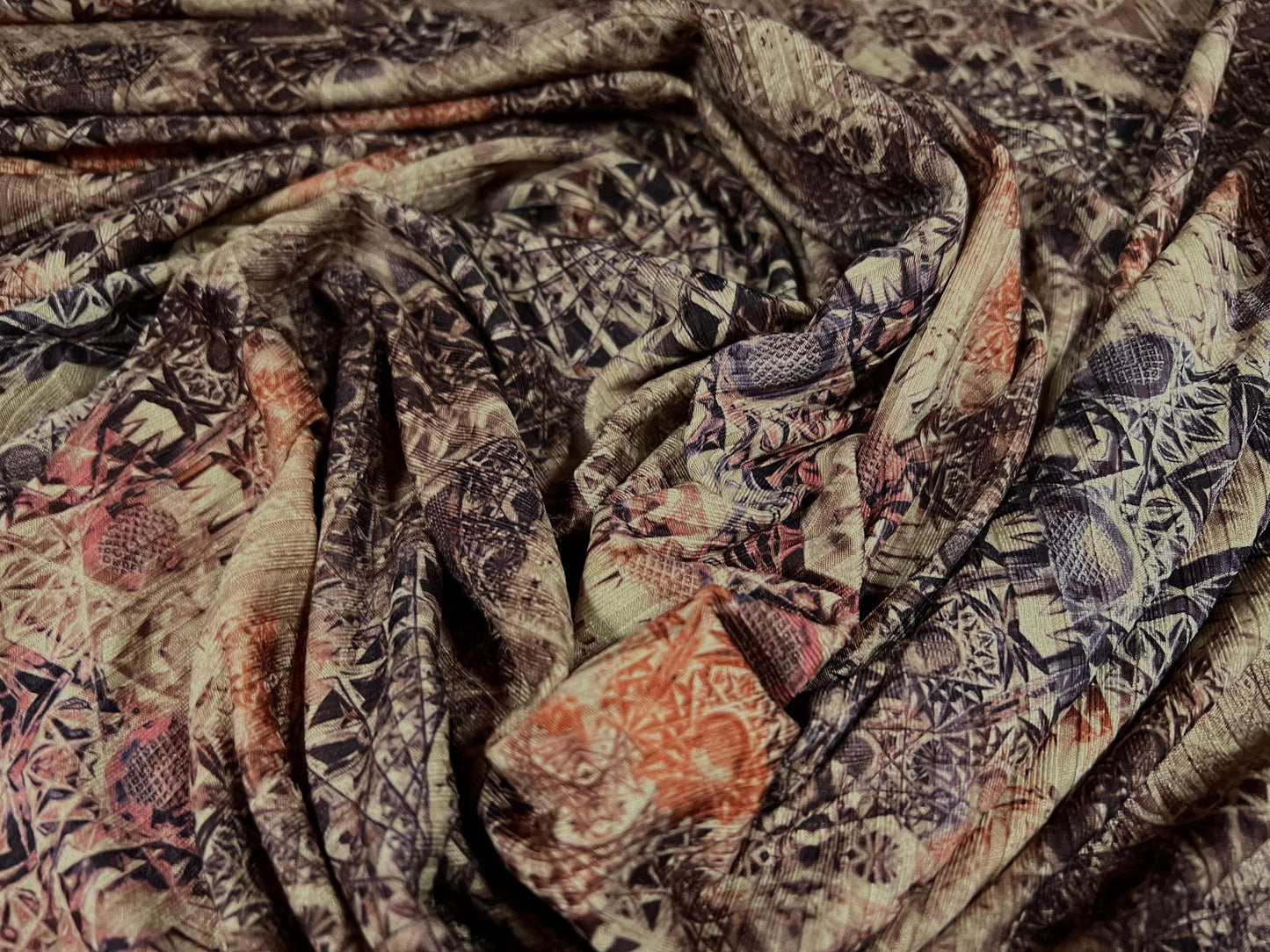 Stretch spandex rib jersey fabric, per metre - kaleidoscope print - dusky pink & plum