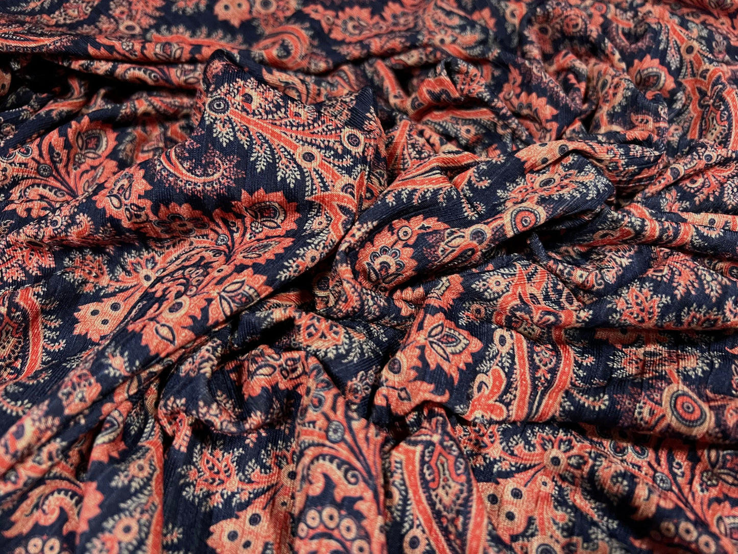 Recycled Spandex rib stretch jersey fabric, per metre - paisley print - navy blue & coral pink