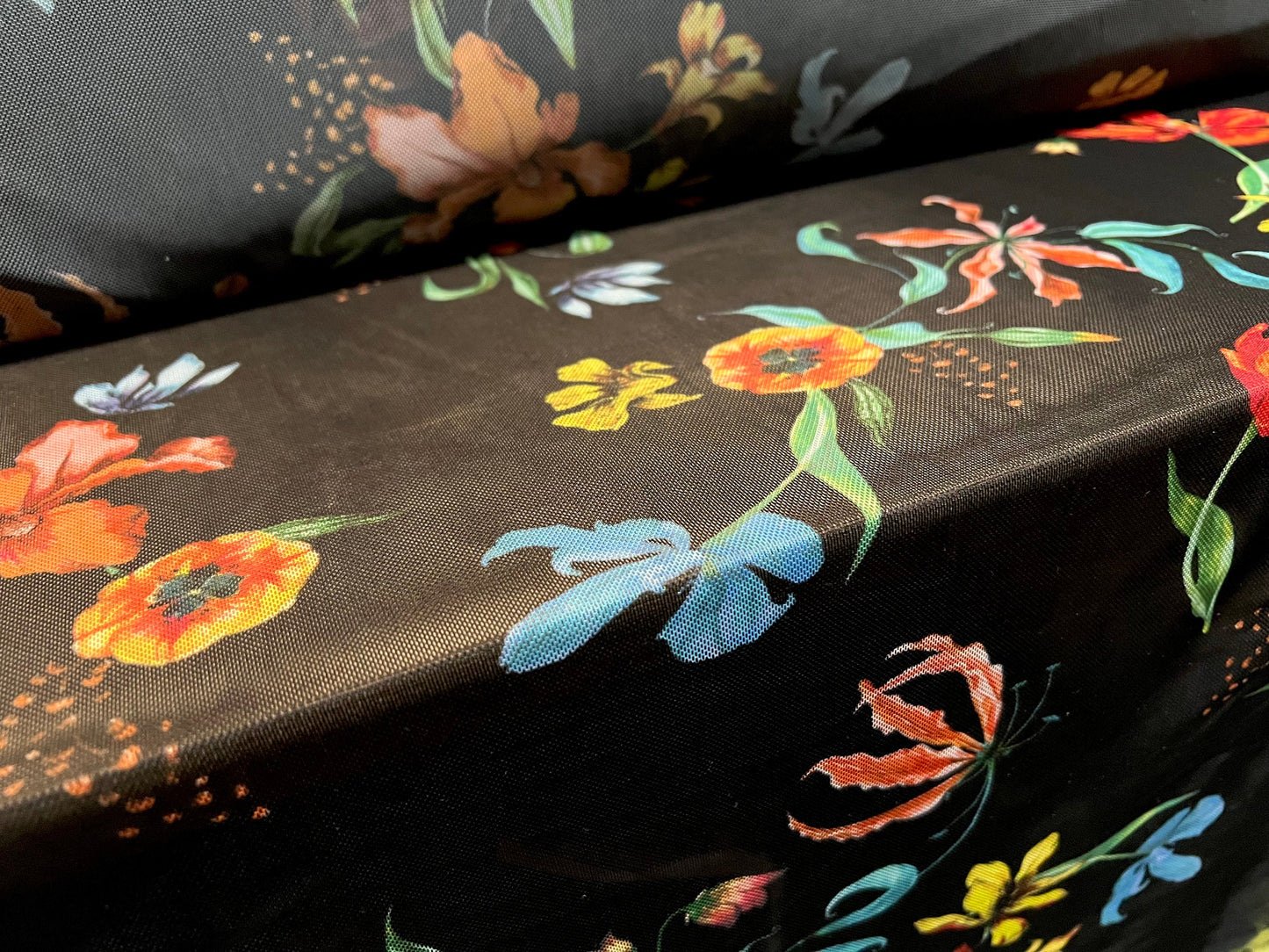 Power mesh net stretch fabric, per metre - tropical jungle flower print - black