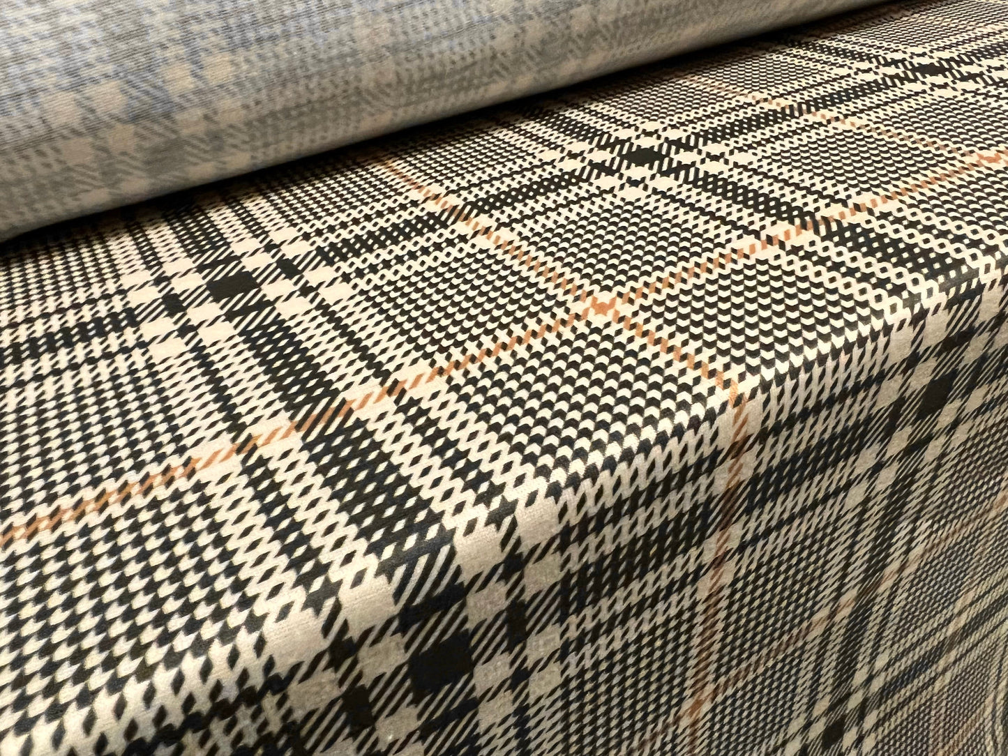 Soft handle single jersey fabric, per metre - puppytooth check print - black & tan