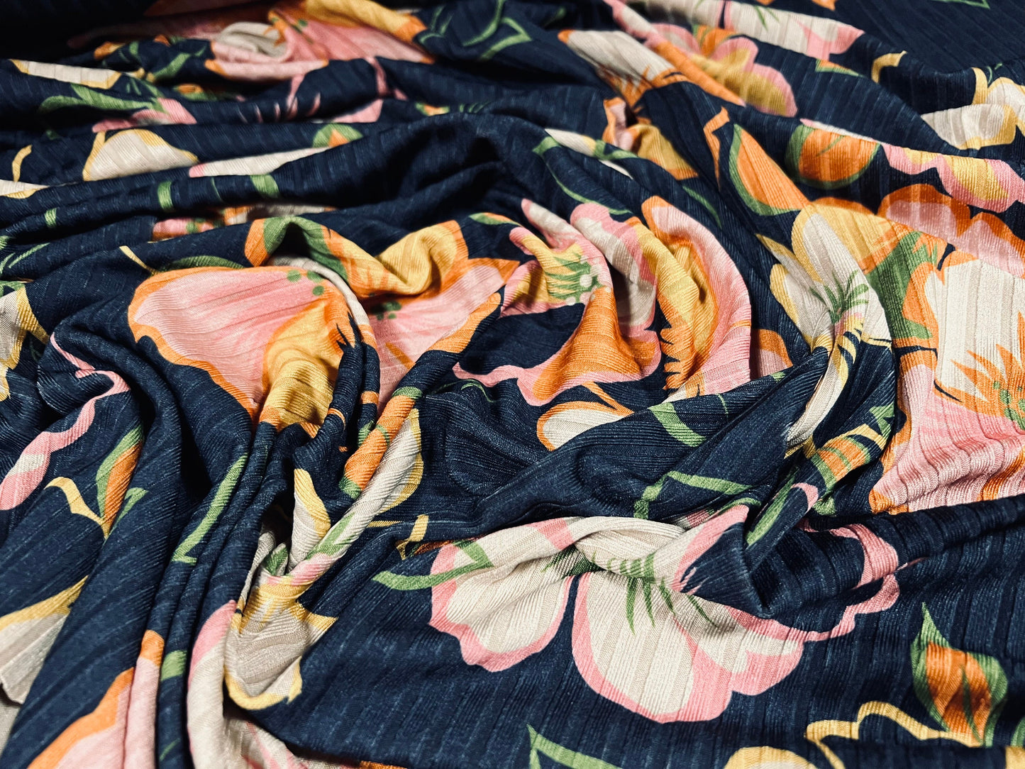 Recycled Spandex rib stretch jersey fabric, per metre - pansy flower print - navy blue