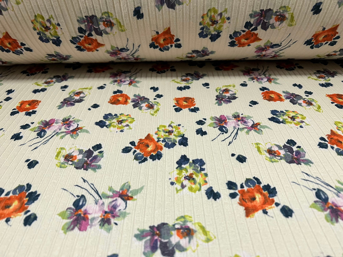Spandex stretch rib jersey fabric, per metre - small flower print - cream