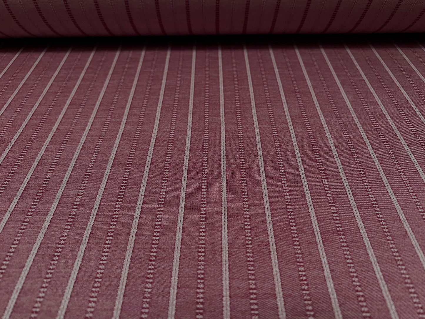 Woven stretch spandex raised pinstripe in a stripe fabric, per metre - wine
