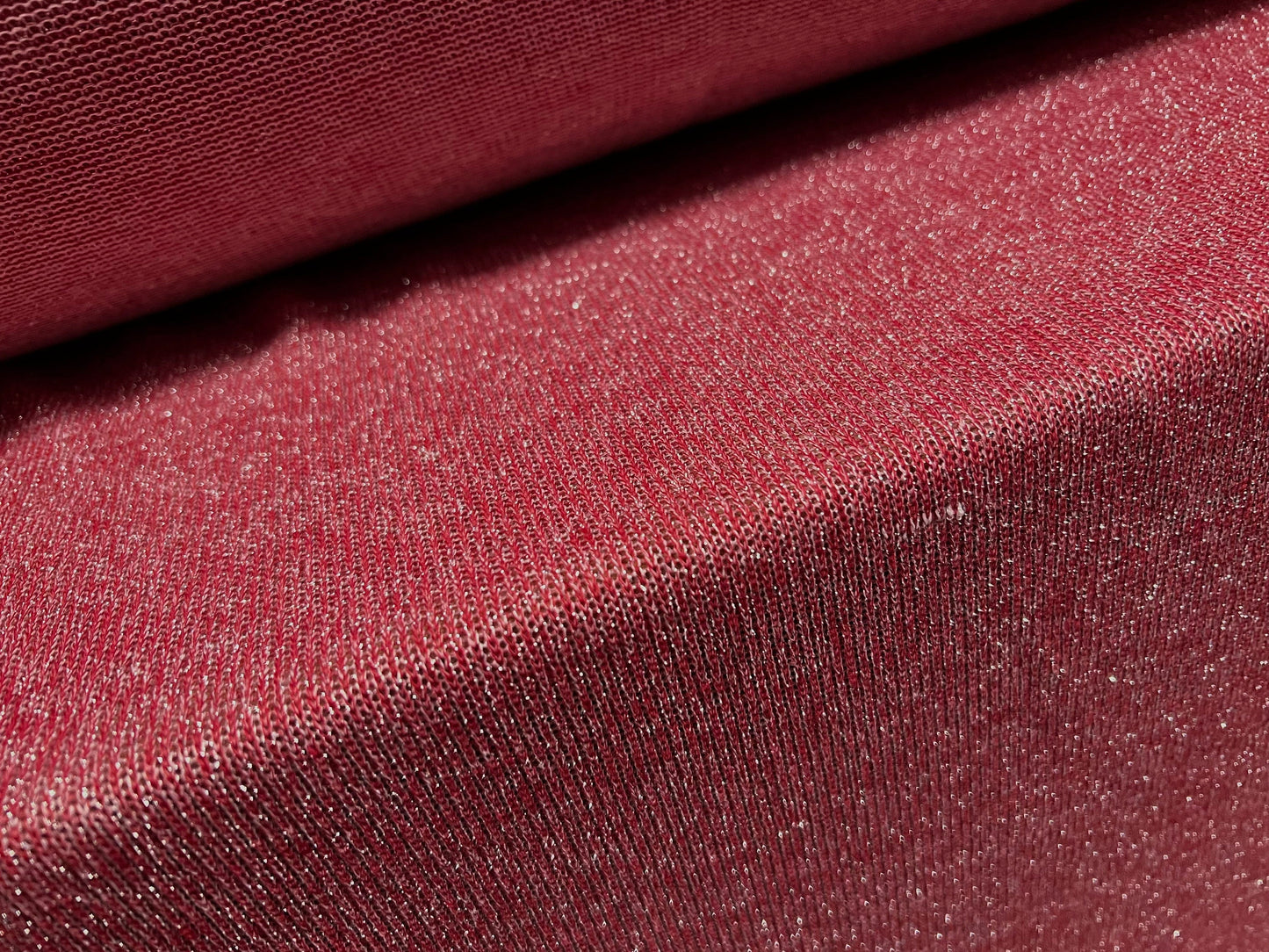 Metallic spandex knitwear jersey fabric with lurex, per metre - red & silver