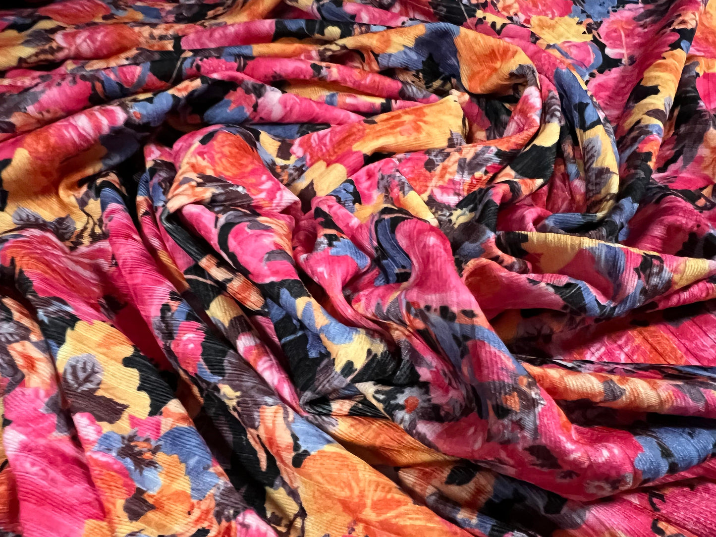 Recycled Spandex rib stretch jersey fabric, per metre - rose flower print - bright pink blue & orange