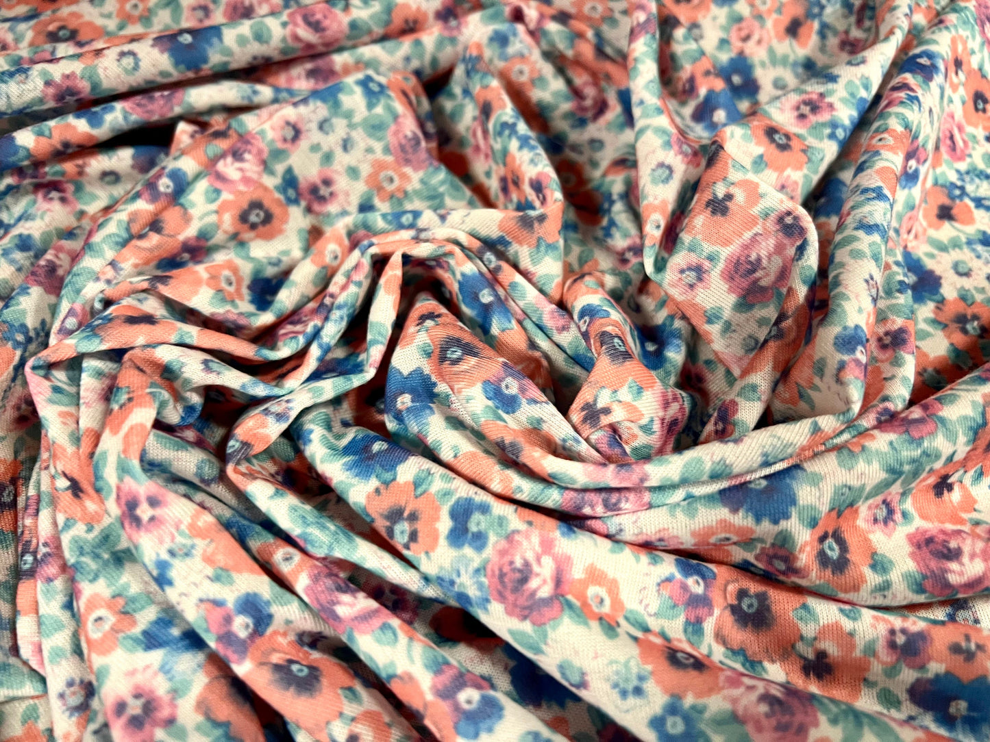 Soft handle single jersey fabric, per metre - small flower ditsy print - pink & blue