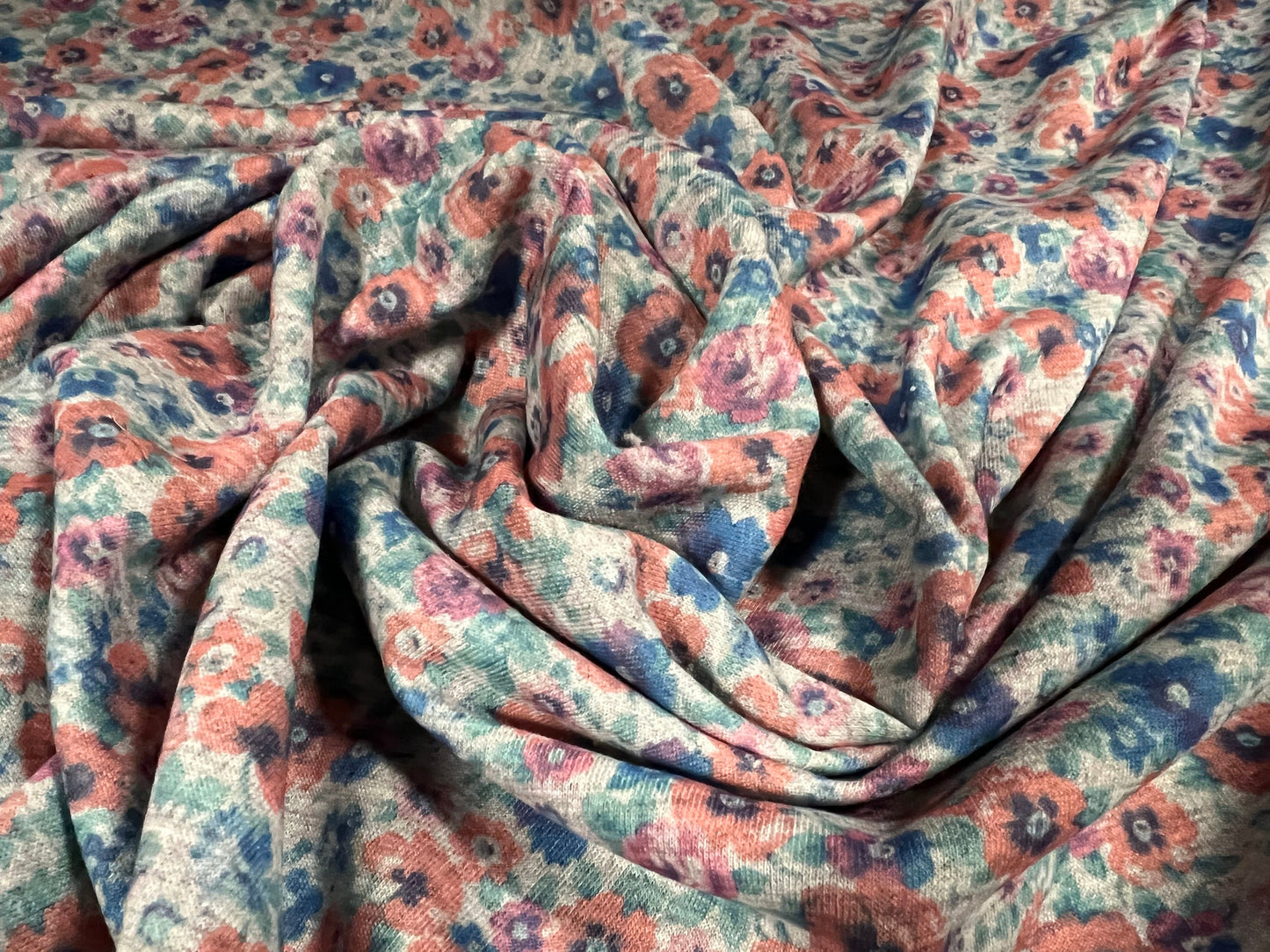 Soft handle loopback stretch spandex jersey fabric, per metre - small flower ditsy print - pink & blue on grey marl