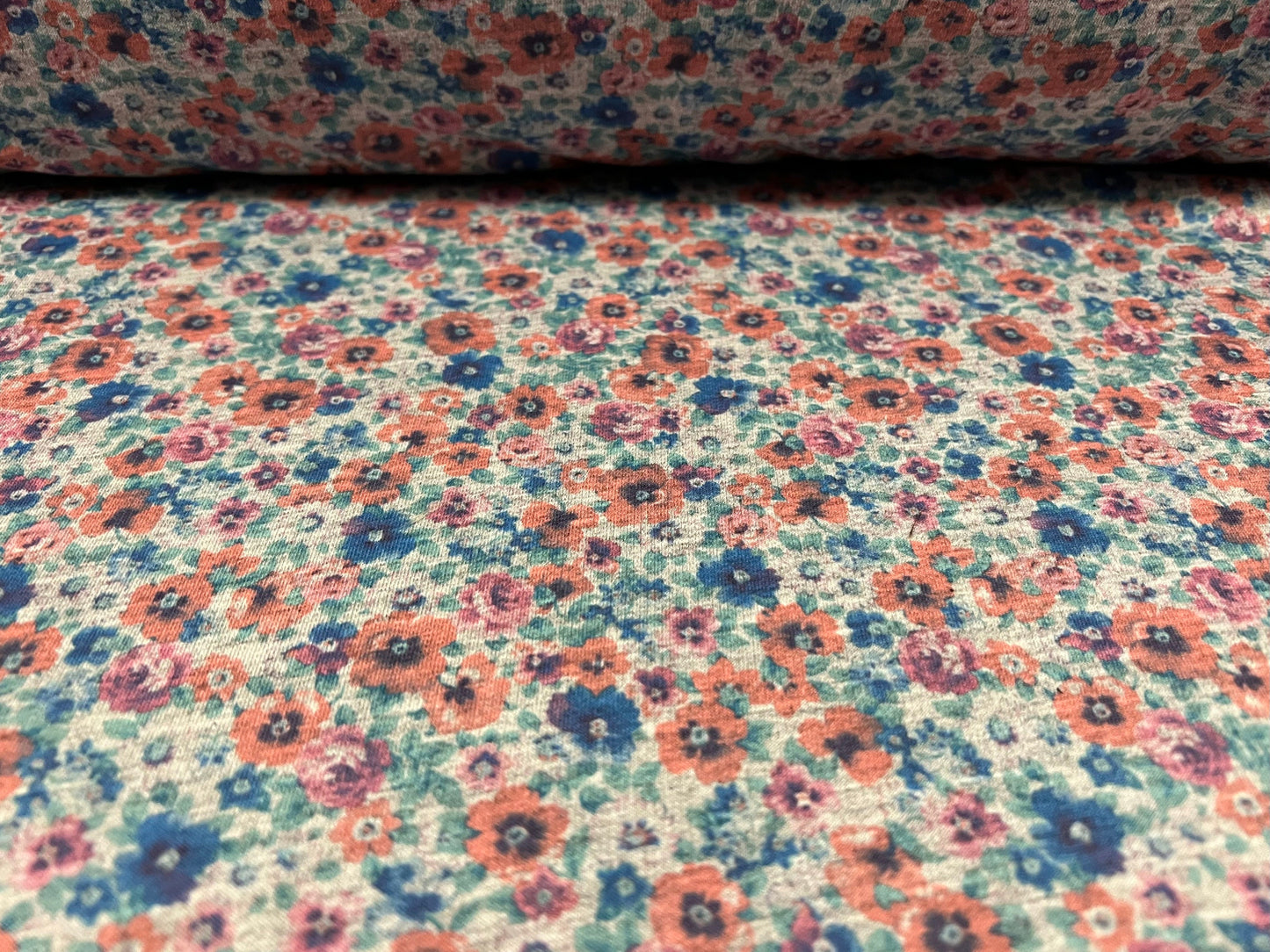 Soft handle loopback stretch spandex jersey fabric, per metre - small flower ditsy print - pink & blue on grey marl