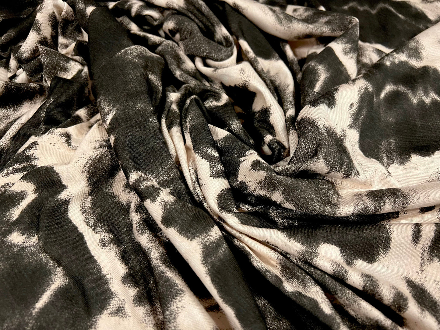 Viscose spandex stretch single jersey fabric, per metre - Moody tie dye print - grey & cream