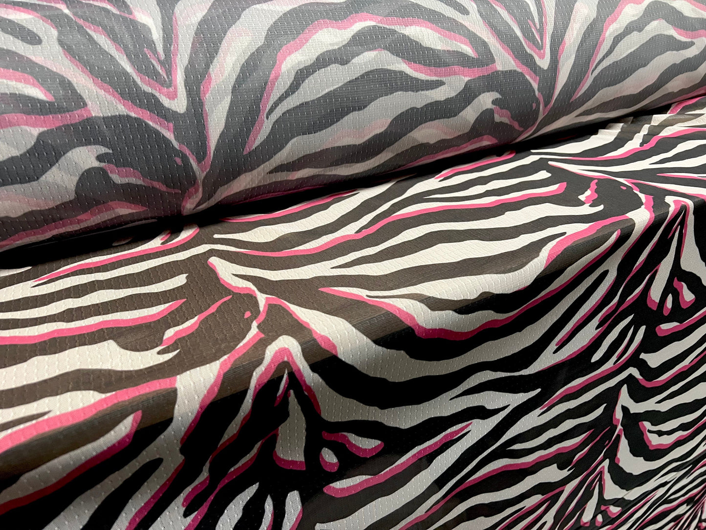 Dobby mesh net fabric, per metre - zebra animal print - black white & pink