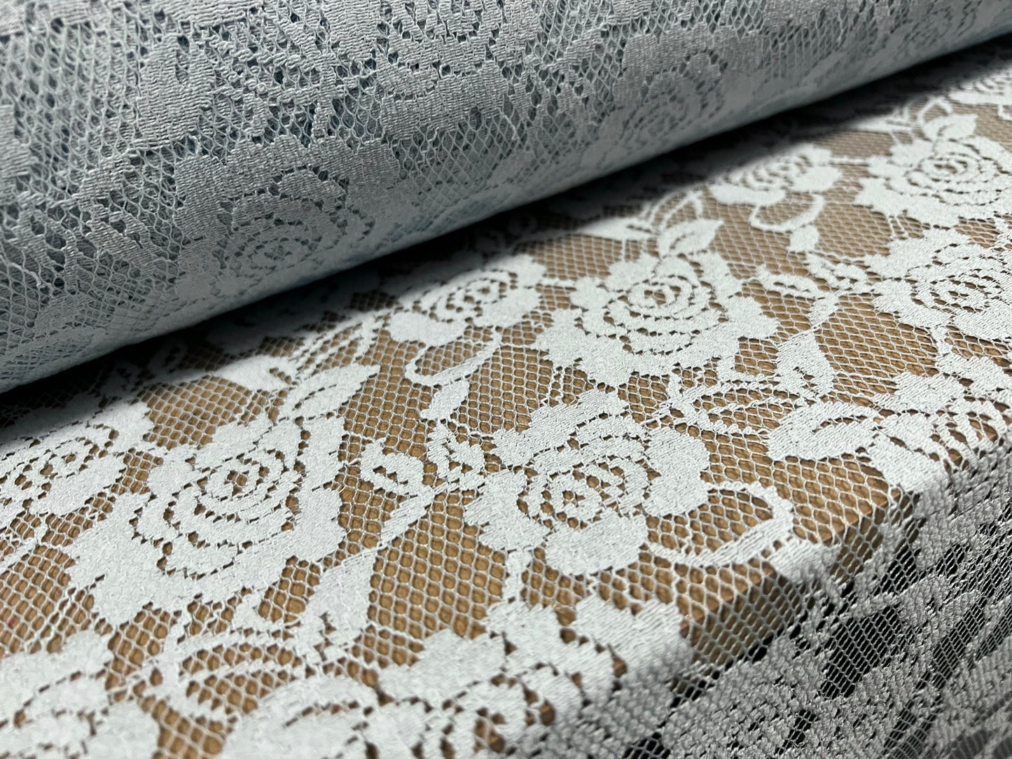 Floral mesh lace dress fabric, per metre - rose design - Sky blue