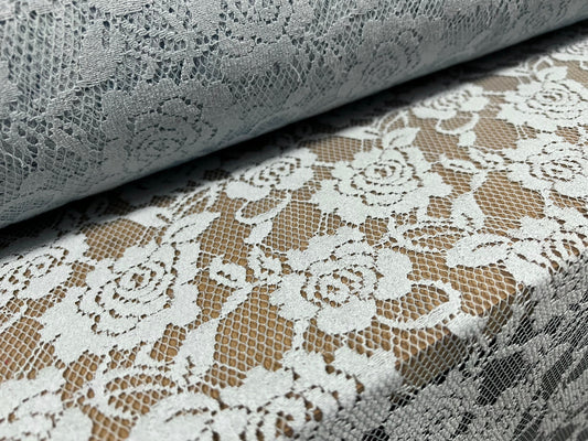 Floral mesh lace dress fabric, per metre - rose design - Sky blue