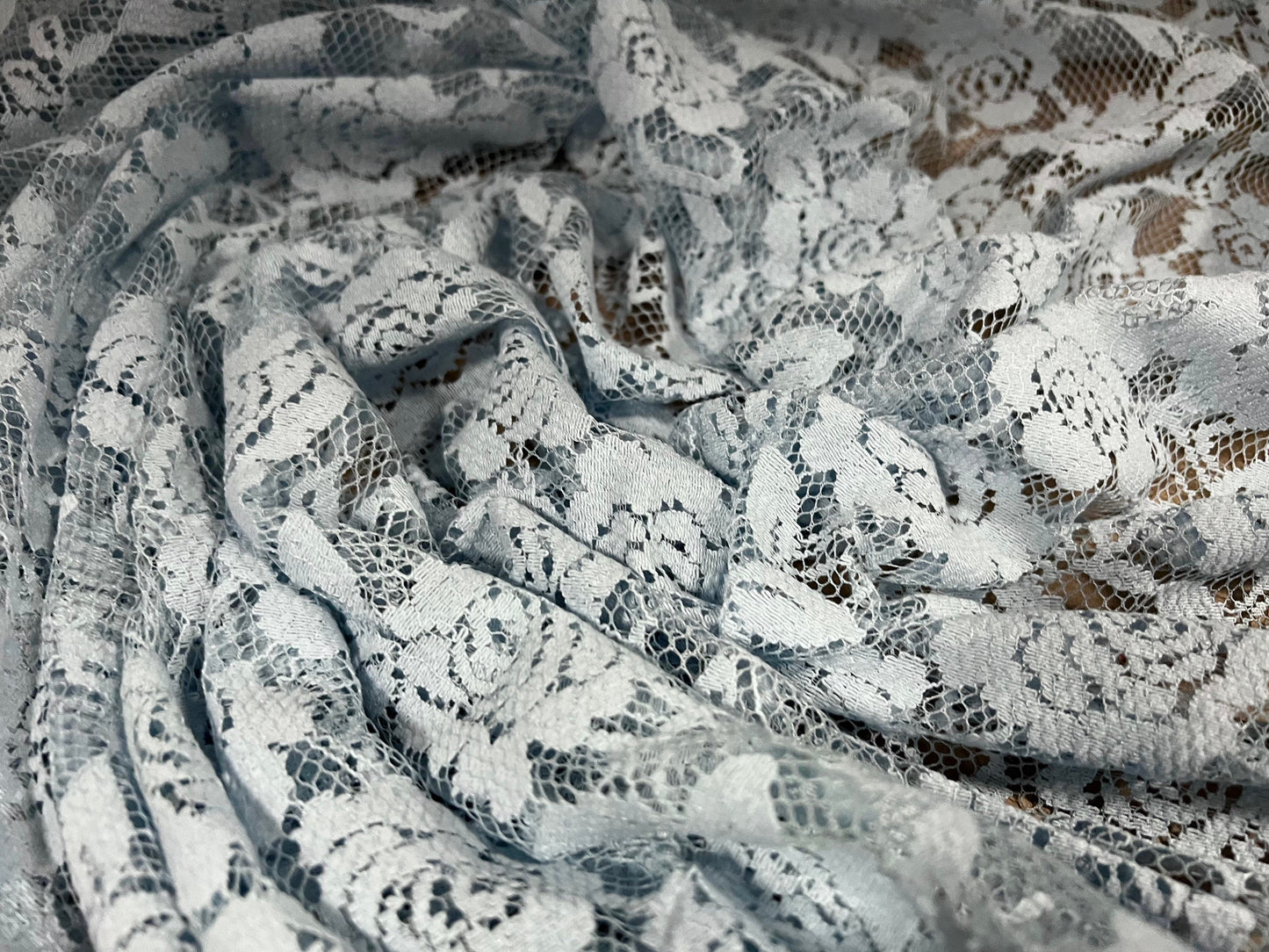 Floral mesh lace dress fabric, per metre - rose design - Sky blue