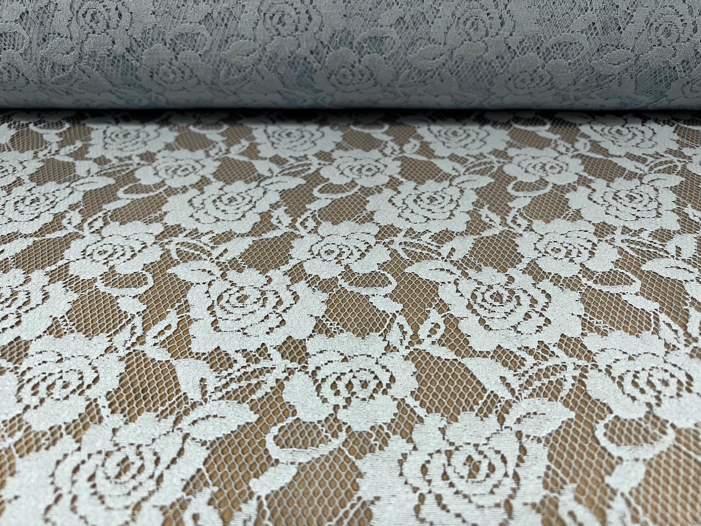 Floral mesh lace dress fabric, per metre - rose design - Sky blue