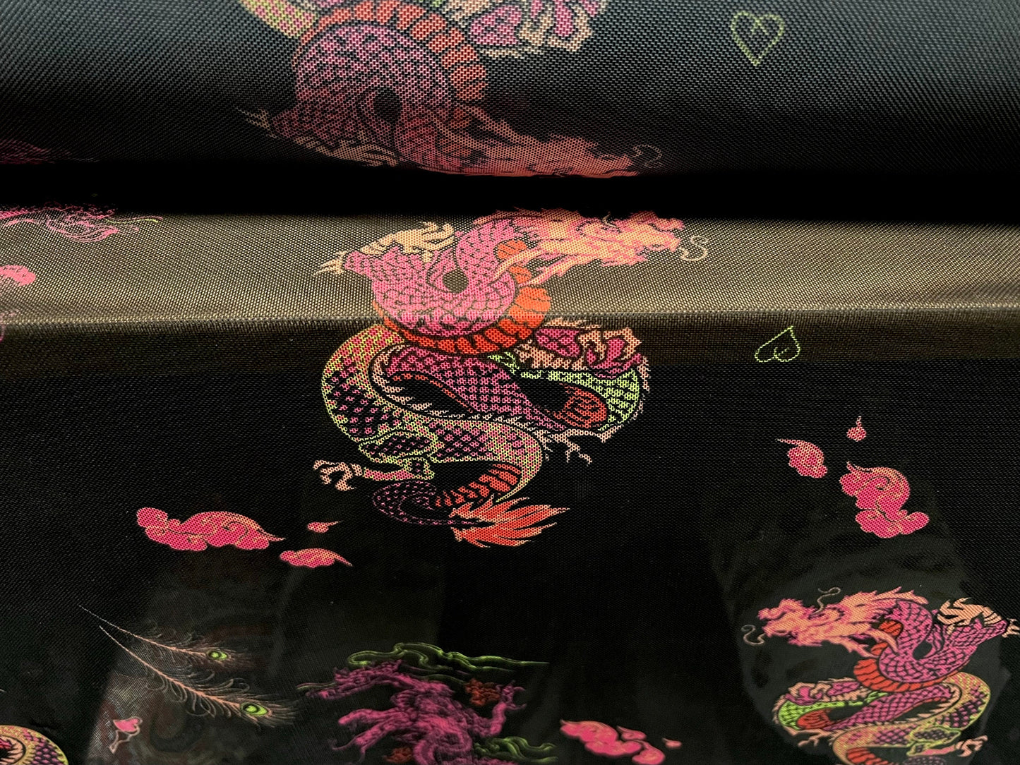 Power mesh net stretch spandex fabric, per metre - oriental dragons print - black & pink