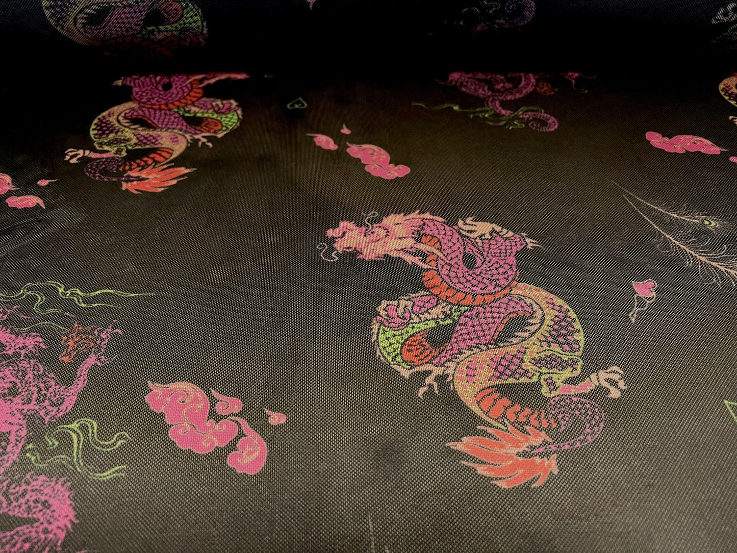 Power mesh net stretch spandex fabric, per metre - oriental dragons print - black & pink