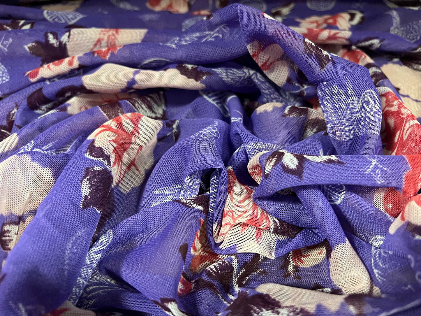 Power mesh net stretch spandex fabric, per metre - flower labyrinth maze print - purple