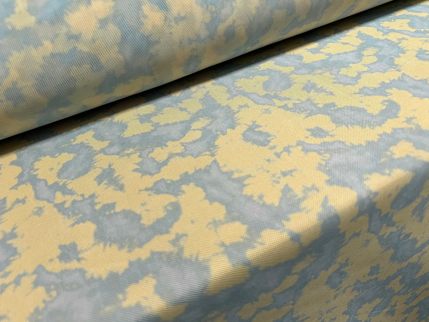 Power mesh net sheer stretch fabric, per metre - abstract print - turquoise & lemon