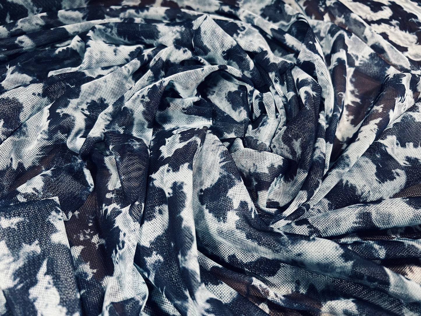 Power mesh net sheer stretch fabric, per metre - abstract tie dye print - navy & blue