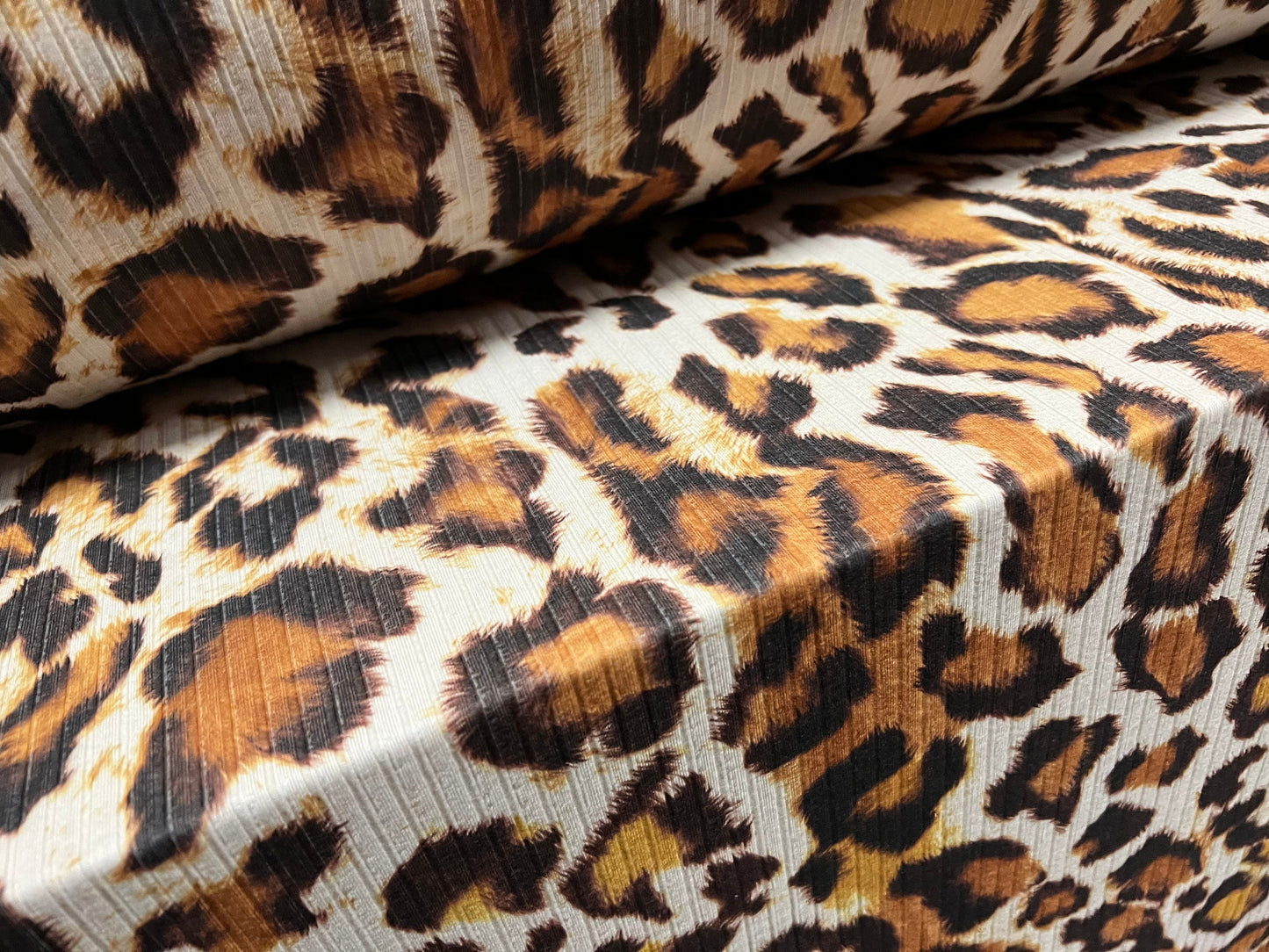 Stretch spandex rib jersey fabric, per metre - Leopard animal print - ivory brown & gold