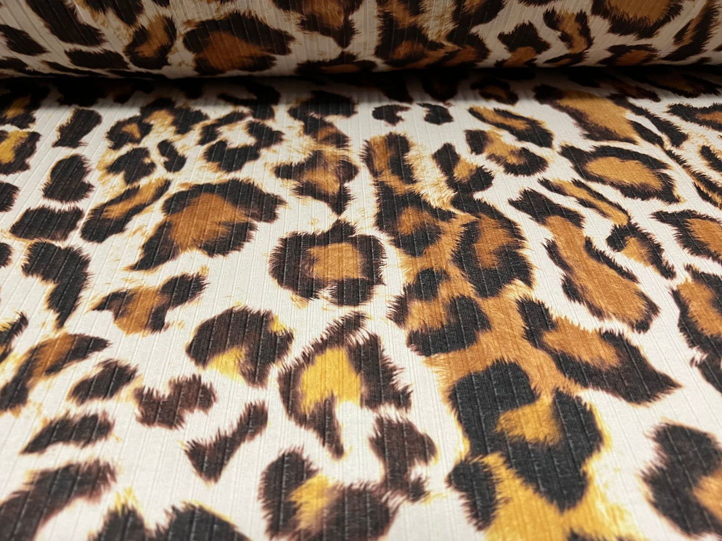 Stretch spandex rib jersey fabric, per metre - Leopard animal print - ivory brown & gold
