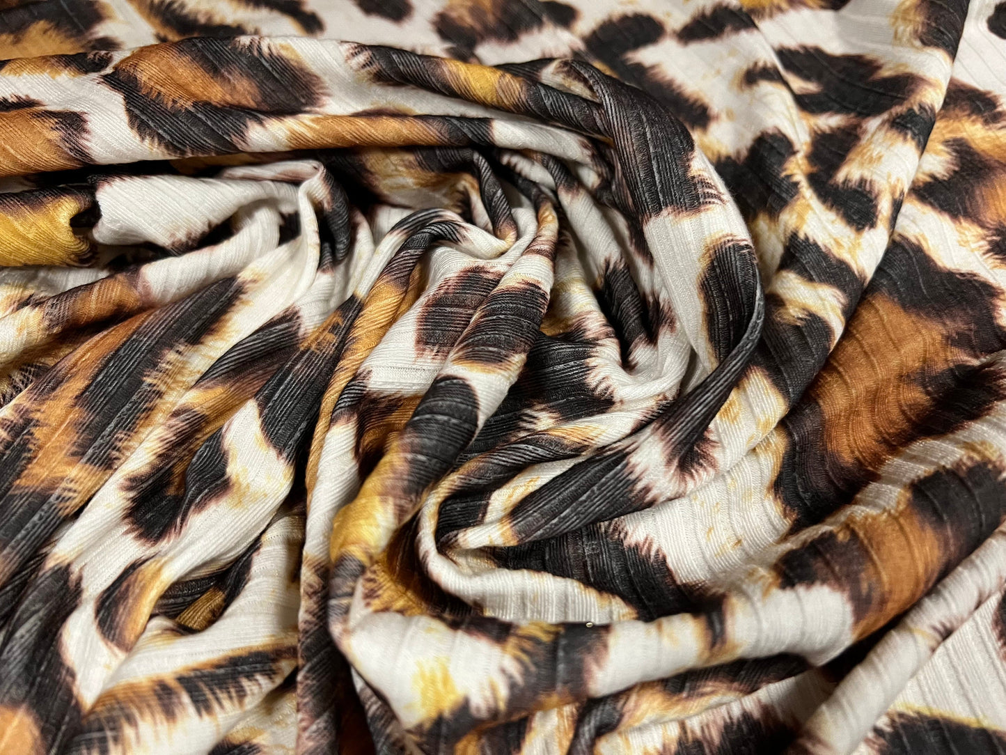 Stretch spandex rib jersey fabric, per metre - Leopard animal print - ivory brown & gold