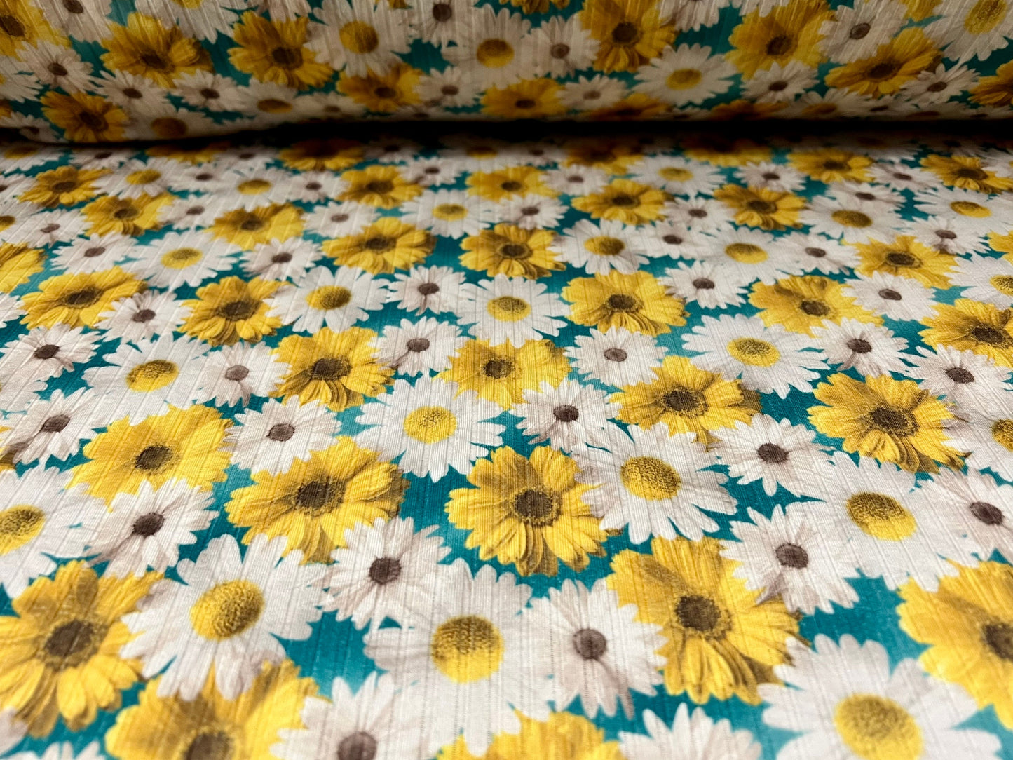 Stretch spandex rib jersey fabric, per metre - Gerbera daisy flower print - turquoise yellow & white