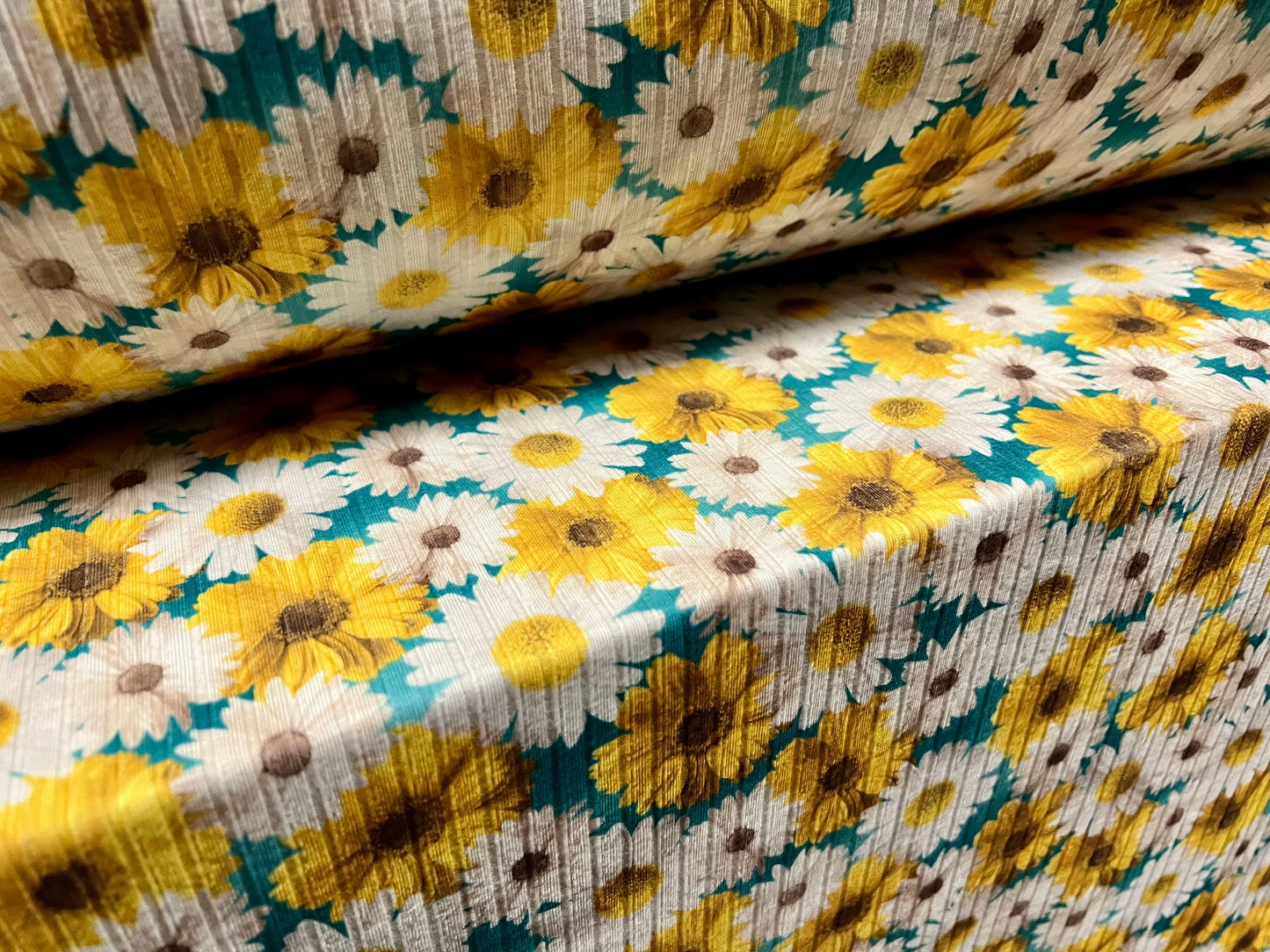 Stretch spandex rib jersey fabric, per metre - Gerbera daisy flower print - turquoise yellow & white