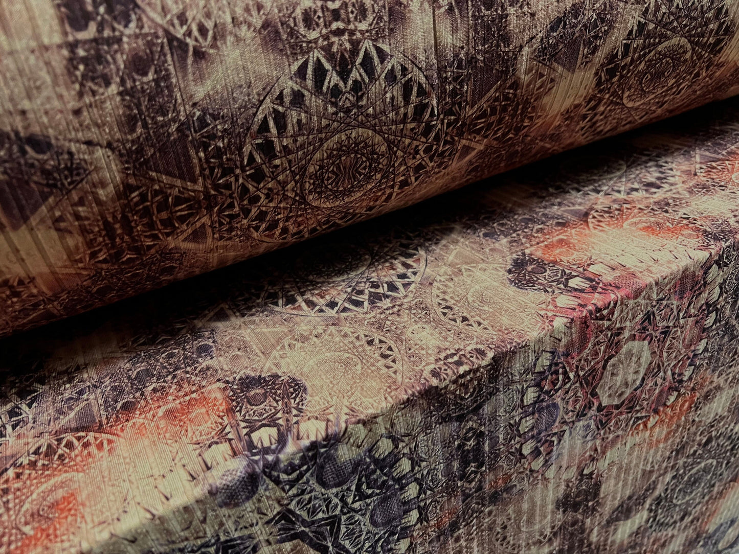 Stretch spandex rib jersey fabric, per metre - kaleidoscope print - dusky pink & plum