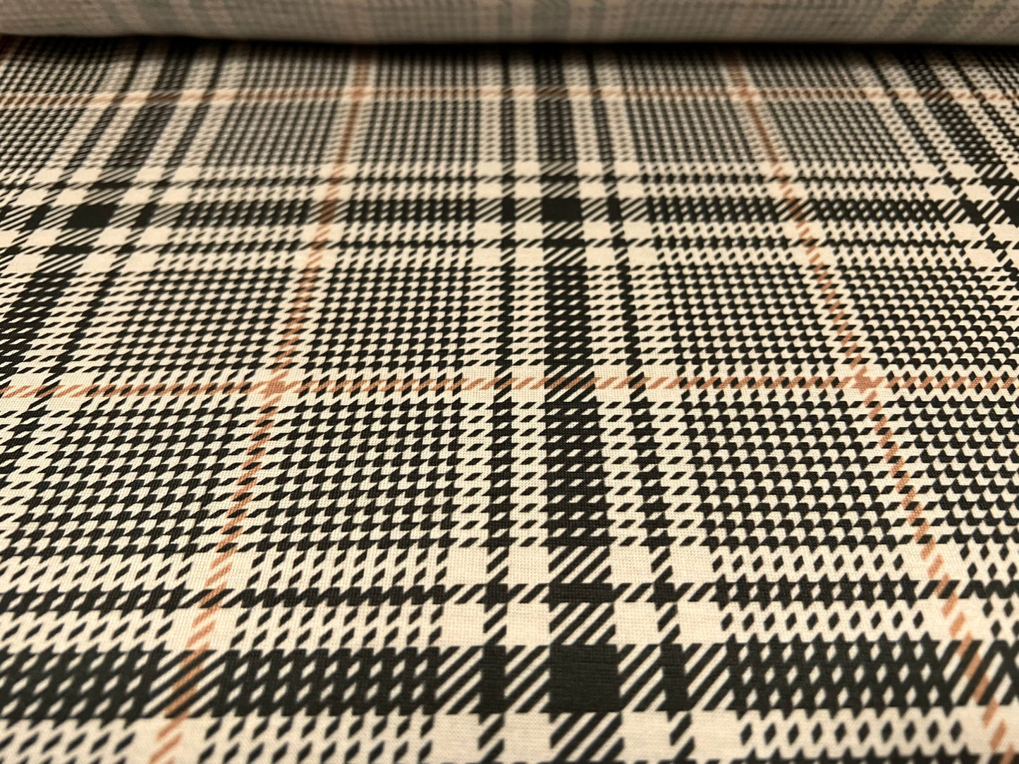 Soft handle single jersey fabric, per metre - puppytooth check print - black & tan