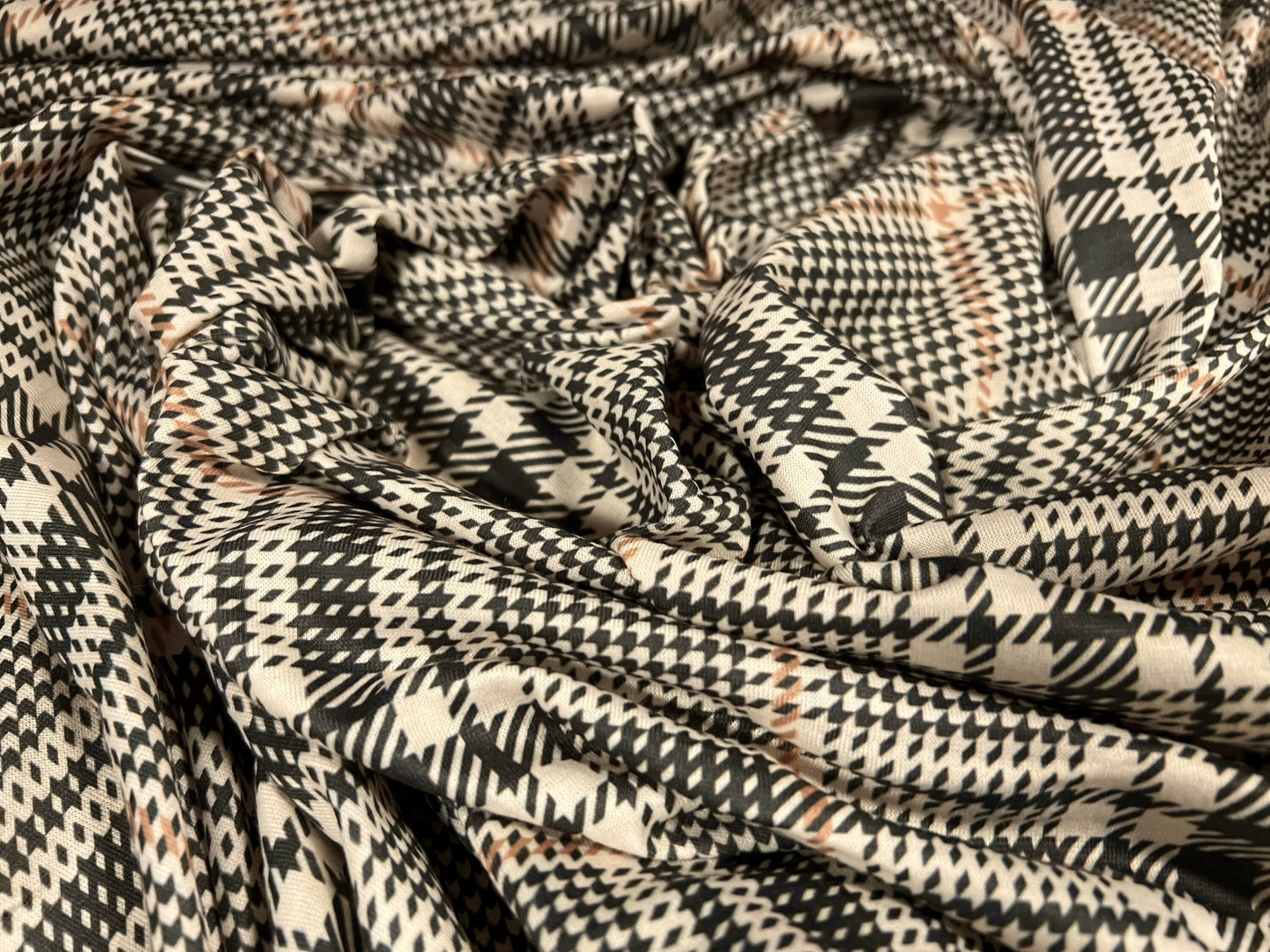 Soft handle single jersey fabric, per metre - puppytooth check print - black & tan