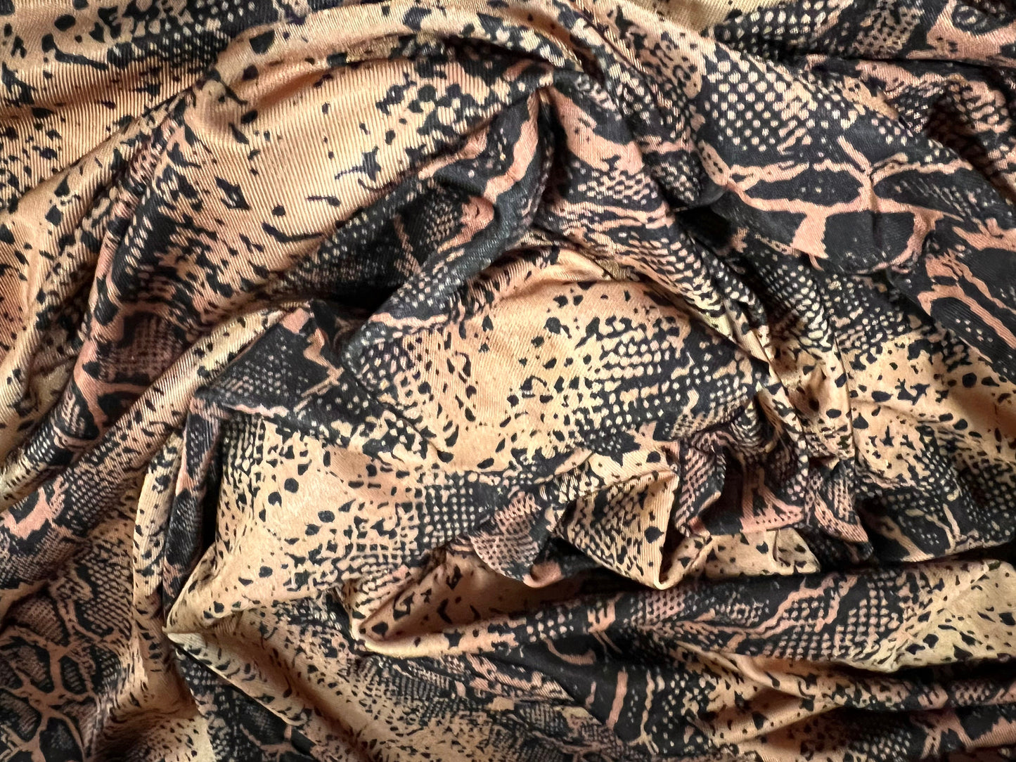 Soft touch spandex stretch jersey dress fabric, per metre - snakeskin print - gold, dusky pink & black