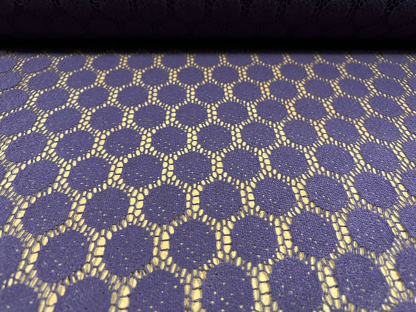 Crochet lace knit jersey fabric, per metre - circular geometric design - purple