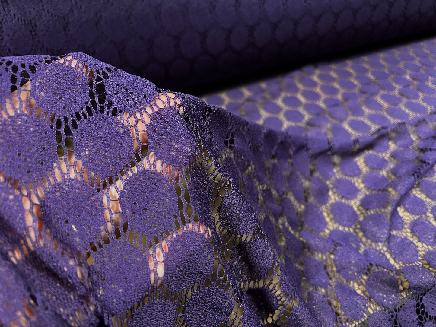 Crochet lace knit jersey fabric, per metre - circular geometric design - purple