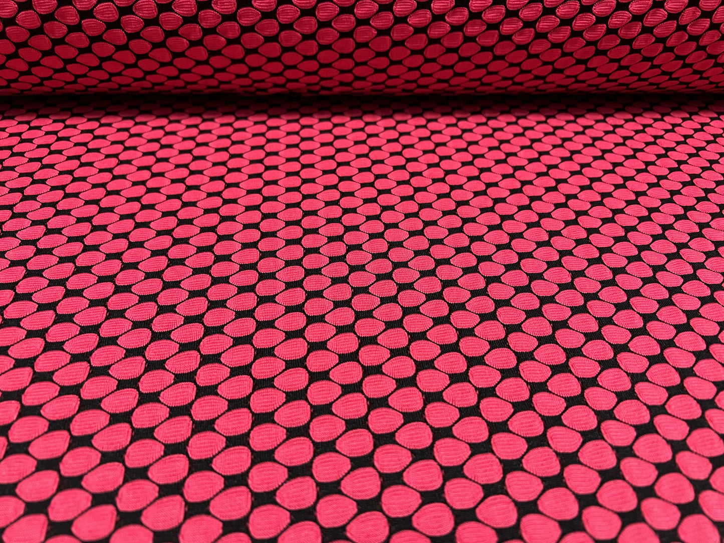 Jacquard stretch jersey fabric, per metre - circles geometric design - cerise & black
