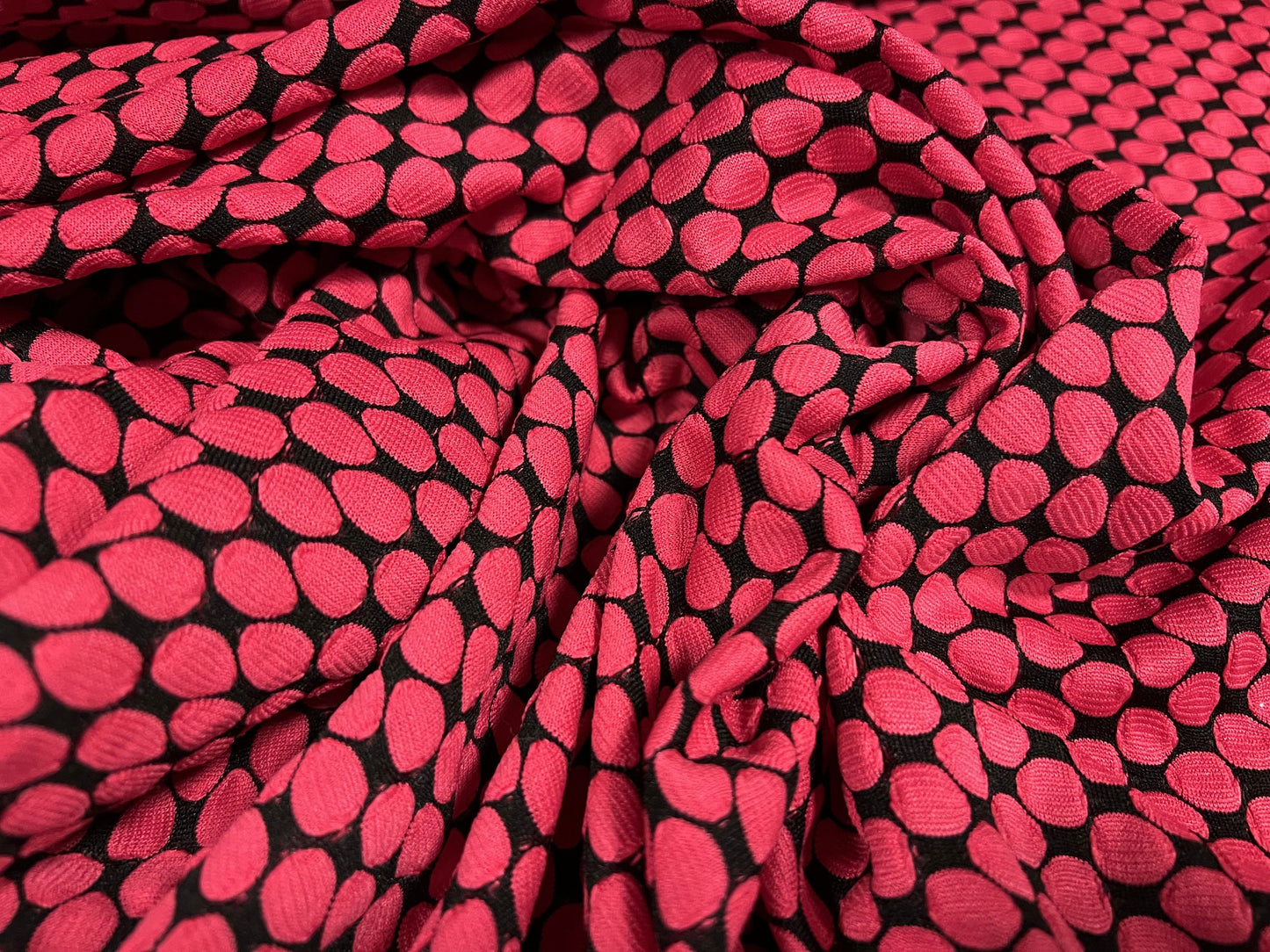 Jacquard stretch jersey fabric, per metre - circles geometric design - cerise & black