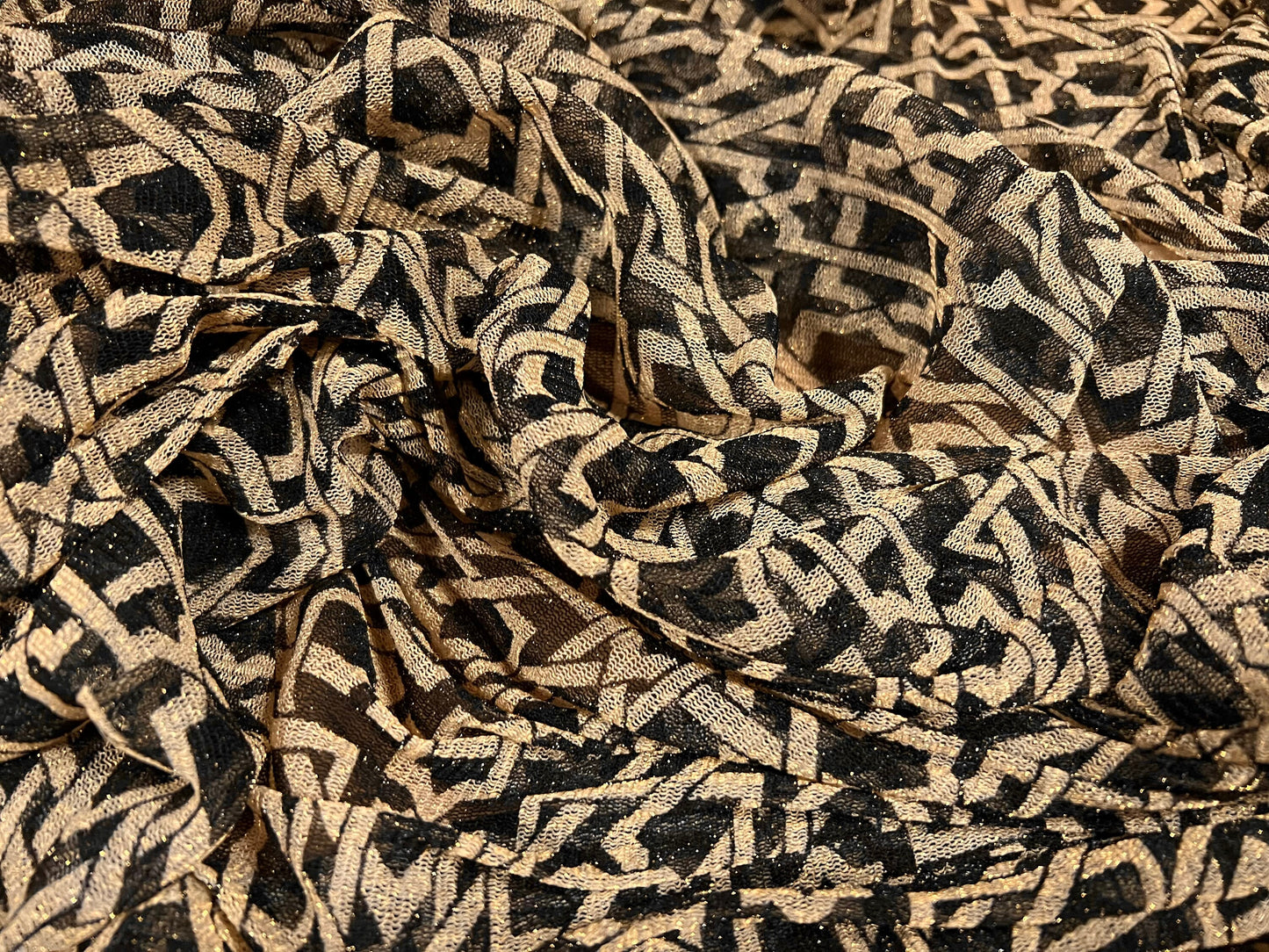 Metallic stretch mesh net fabric, per metre - geometric sparkle design - dark brown & gold